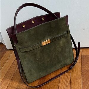 Tory Burch Olive Green and Burgundy Satchel